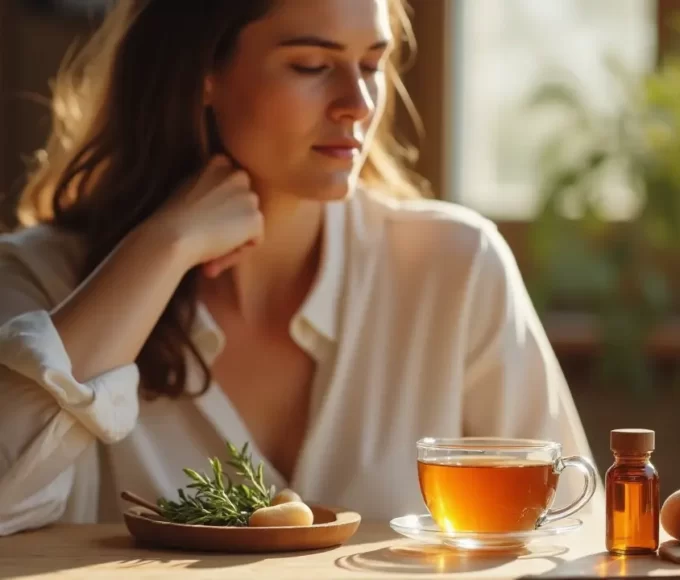Woman holding her throat while drinking herbal tea with honey and Best Homeopathic Remedies for Sore Throat Relief on the table