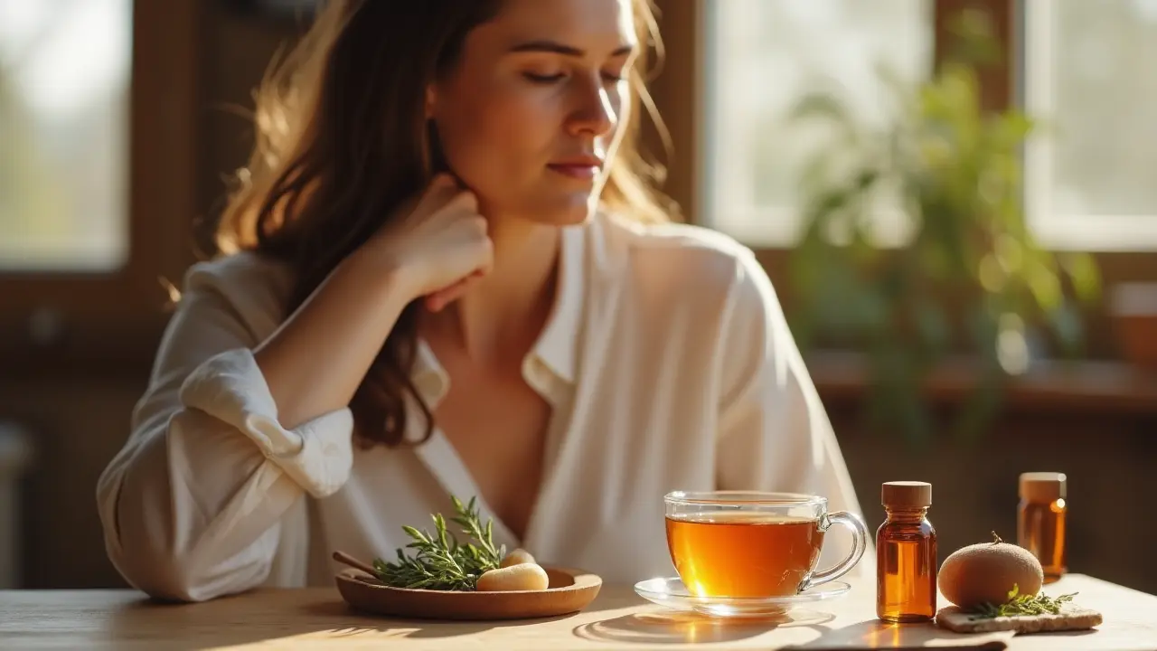 Woman holding her throat while drinking herbal tea with honey and Best Homeopathic Remedies for Sore Throat Relief on the table