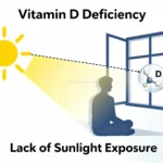 Infographic showing sunlight, vitamin D molecule, and a person indoors to represent vitamin D deficiency from limited sun exposure.