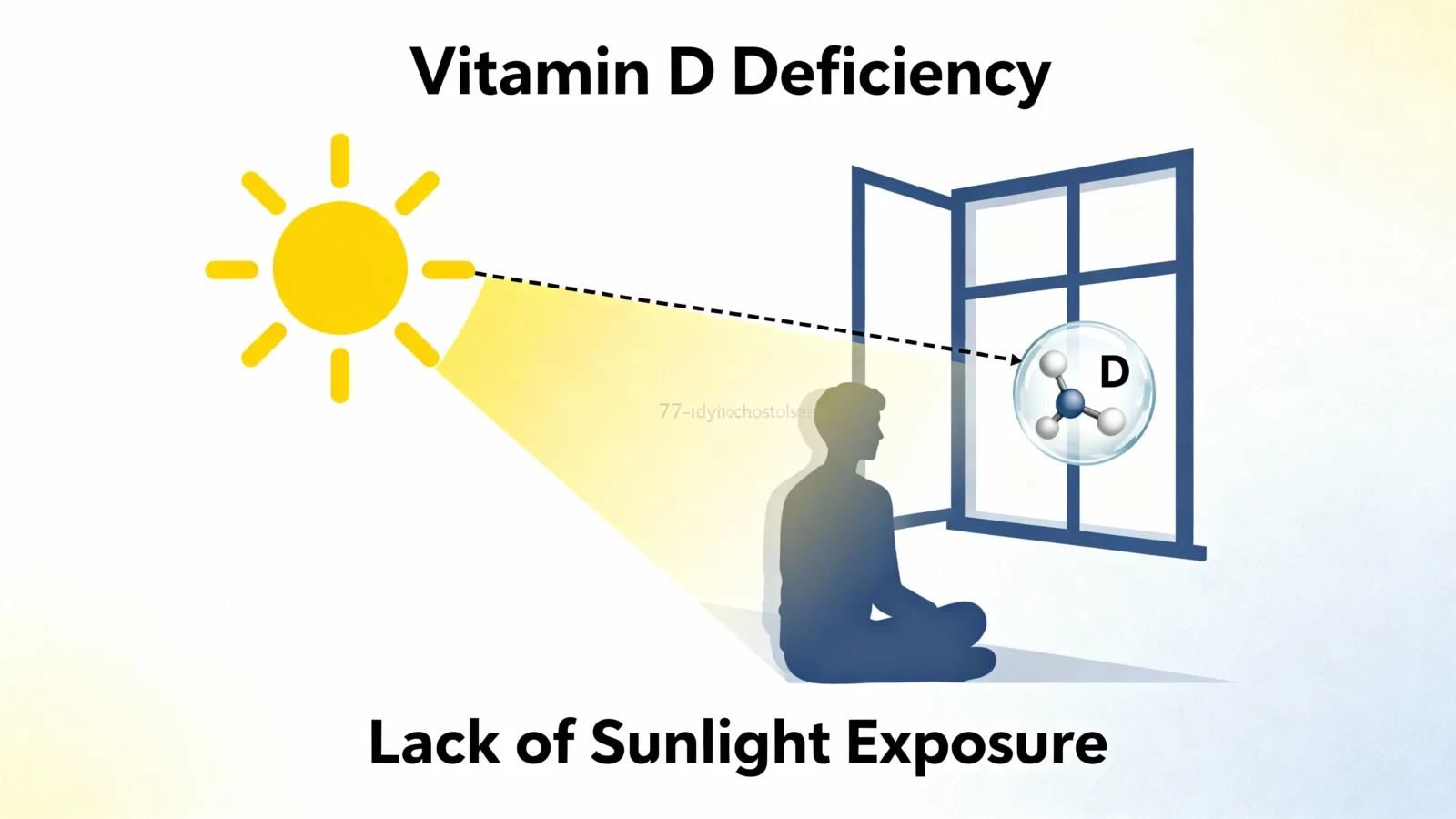 Infographic showing sunlight, vitamin D molecule, and a person indoors to represent vitamin D deficiency from limited sun exposure.