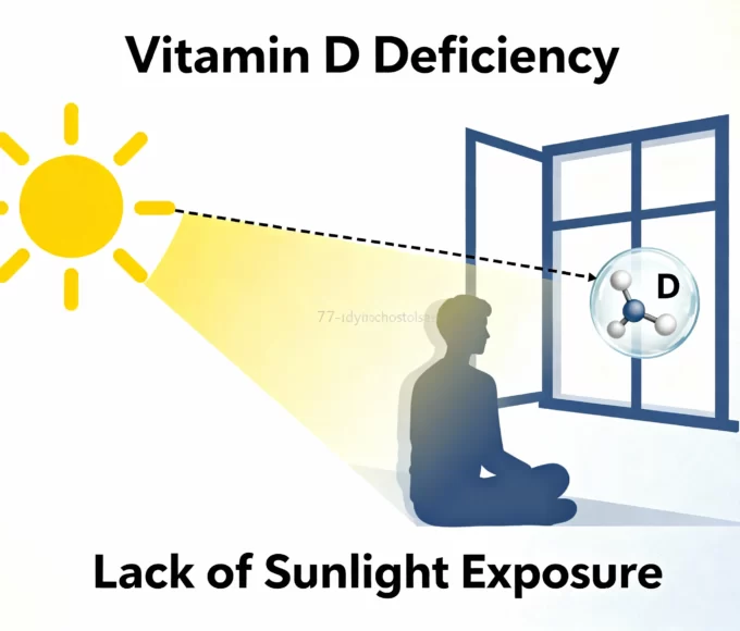 Infographic showing sunlight, vitamin D molecule, and a person indoors to represent vitamin D deficiency from limited sun exposure.