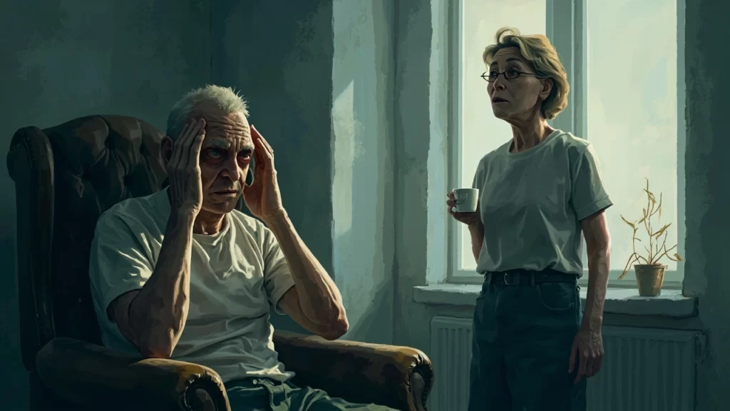 Illustration of people showing symptoms of vitamin D deficiency such as fatigue, weak muscles, bone pain, and low mood.