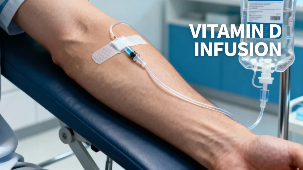 Medical illustration of a patient receiving vitamin D infusion therapy through an IV drip in a clinical setting.