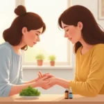 Parent gently checking a child’s hand rash from hand, foot, and mouth disease with homeopathic remedies nearby.