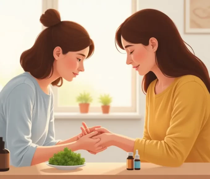 Parent gently checking a child’s hand rash from hand, foot, and mouth disease with homeopathic remedies nearby.