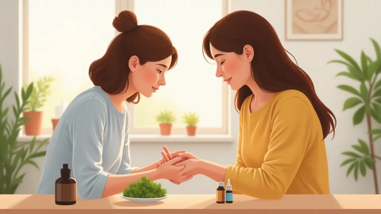 Parent gently checking a child’s hand rash from hand, foot, and mouth disease with homeopathic remedies nearby.